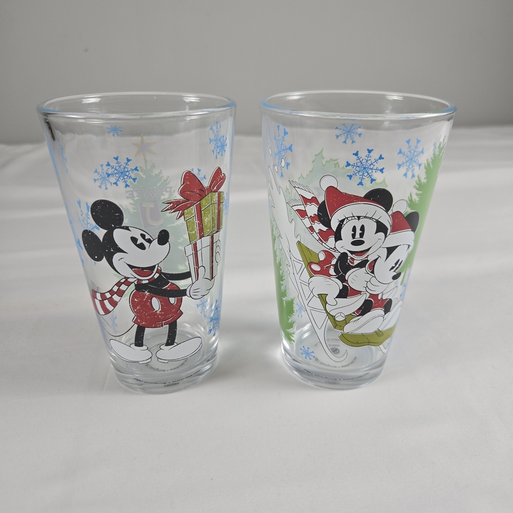 Disney‎ Zak Happy Holidays Mickey & Minnie Christmas Glass Tumblers Set of 2